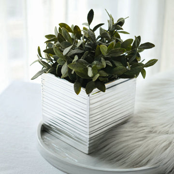 2 Pack | 5" Silver Brush Textured Ceramic Square Flower Plant Box, Cube Shaped Planter Pots