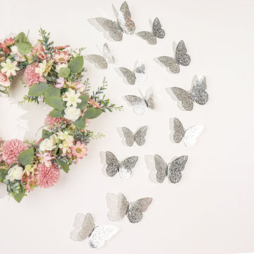 12 Pack 3D Silver Butterfly Wall Decals DIY Removable Mural Stickers Cake Decorations