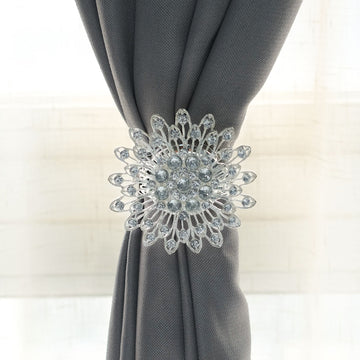 2 Pack | 4" Silver Crystal Flower Magnetic Backdrop Curtain Tie Backs, Metallic Window Drapery Panel Buckle Clips