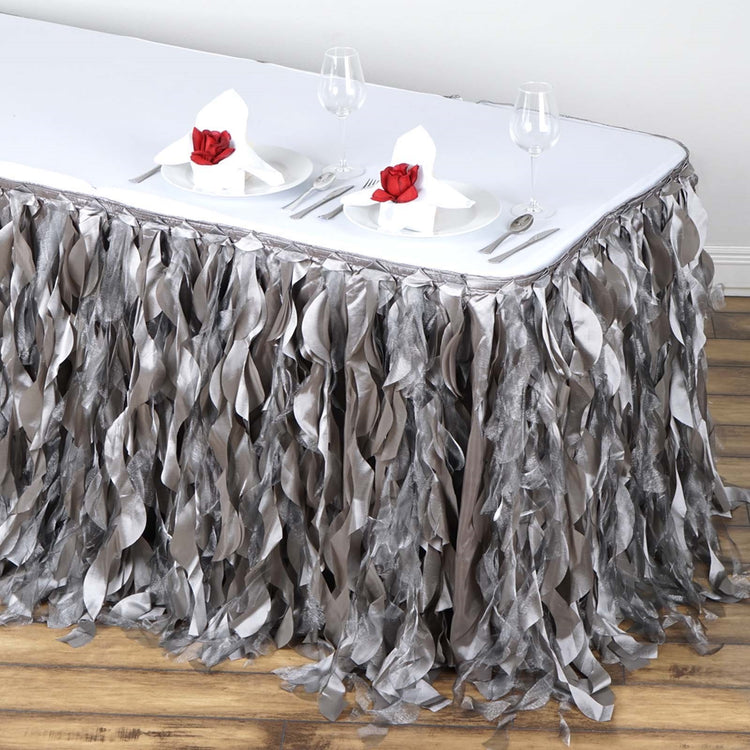 Silver Curly Willow Taffeta Table Skirt 14 Feet