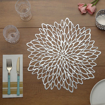 6 Pack | 15" Silver Decorative Floral Vinyl Placemats, Non-Slip Round Dining Table Mats