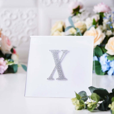 Glittery silver letter X on a clear background with floral decor