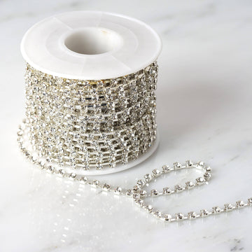 10 Yards | Silver Diamond Rhinestone Chain Roll, 3mm Gemstone Ribbon DIY Decor