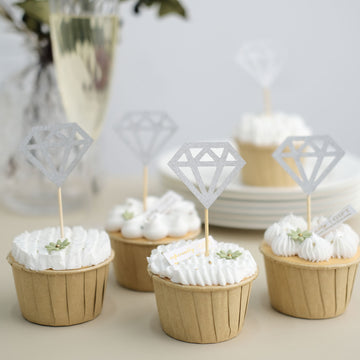 24 Pack Silver Diamond Ring Cupcake Toppers, Party Cake Picks, Engagement Decoration Supplies