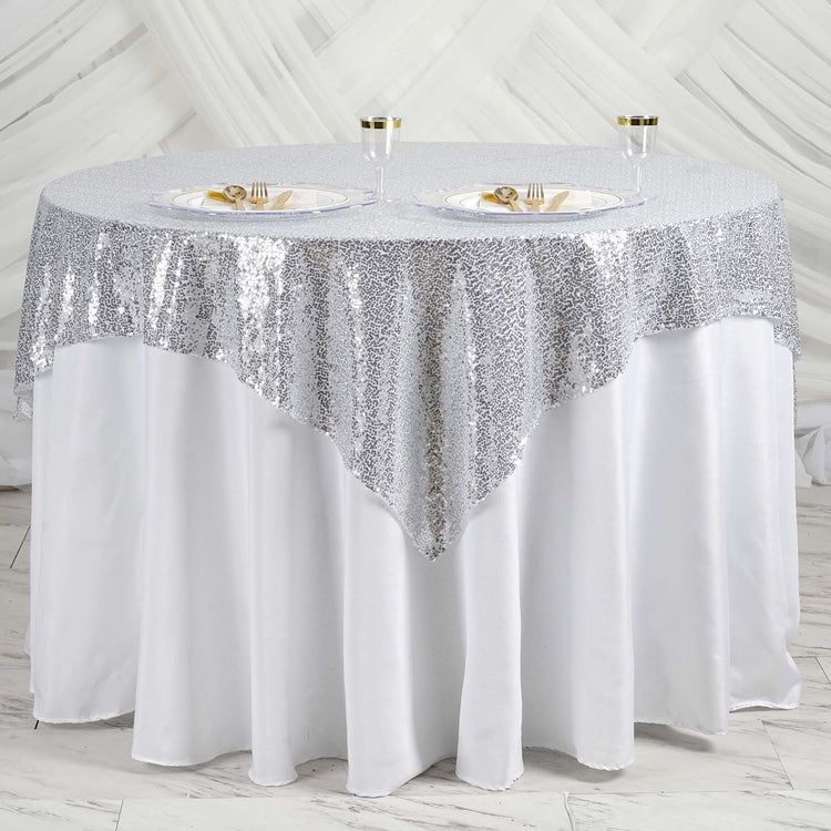 Silver Sequin Square Table Overlay 60 Inch x 60 Inch