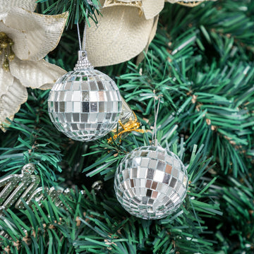 6 Pack Silver Foam Disco Mirror Ball With Hanging Strings, Holiday Christmas Ornaments 2"