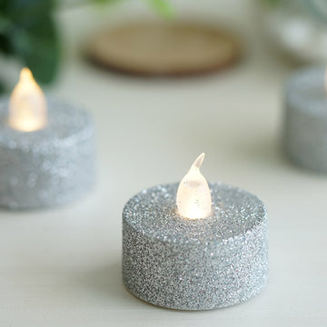12 Pack | Silver Glittered Flameless LED Tealight Candles, Battery Operated Reusable Candles