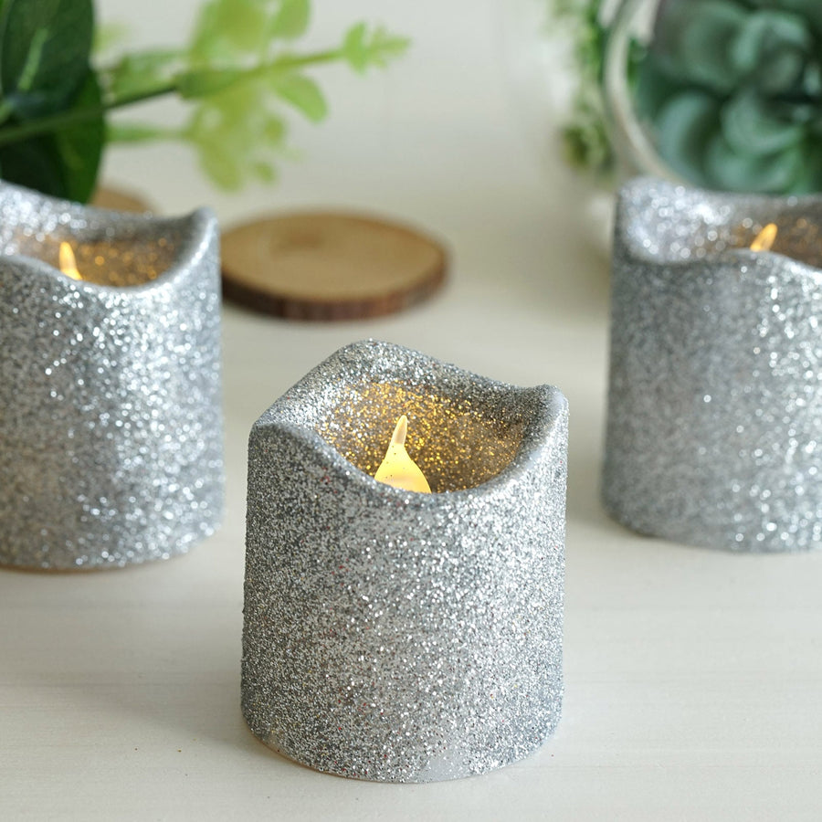 12 Pack - Silver Glitter Flameless Candles LED - Battery Operated Votive Candles