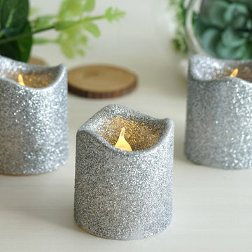 12 Pack Silver Glittered Flameless LED Votive Candles, Battery Operated Reusable Candles
