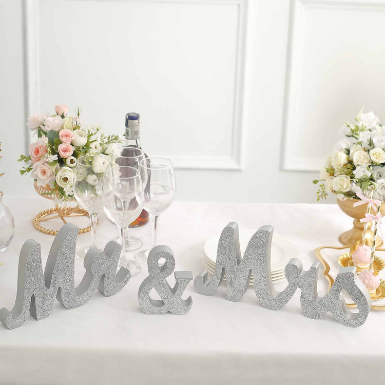 Wooden Mr & Mrs Letter Photo Props In Silver Glitter