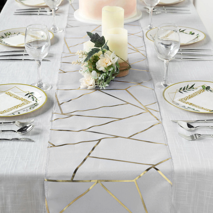 9 Feet Silver Table Runner With Gold Foil Geometric Pattern