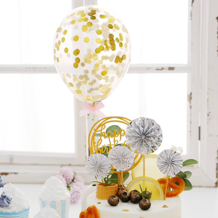 6 Pcs Silver Gold Happy Birthday Cake Topper with 4 Mini Paper Fans and Confetti Balloon Decor