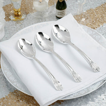 25 Pack | 7" Silver Heavy Duty Plastic Spoons with Fluted Handles, Disposable Utensils