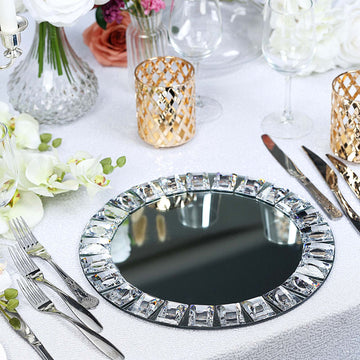 2 Pack | 13" Silver Jeweled Rim Premium Glass Mirror Charger Plates