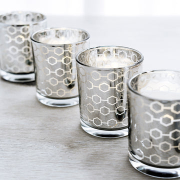 6 Pack Silver Mercury Glass Candle Holders, Votive Candle Containers - Honeycomb Design 3"