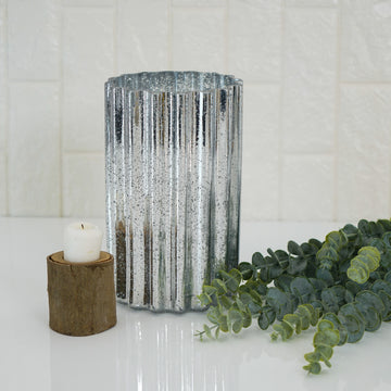 9" Silver Mercury Glass Hurricane Candle Holder, Cylinder Pillar Vase - Wavy Column Design