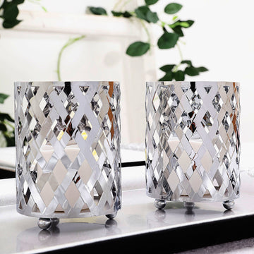 Elegant Silver Metal Diamond Cut Votive Candle Holders - Set of 2