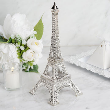 Silver Metal Eiffel Tower Table Centerpiece, Decorative Cake Topper - 10"