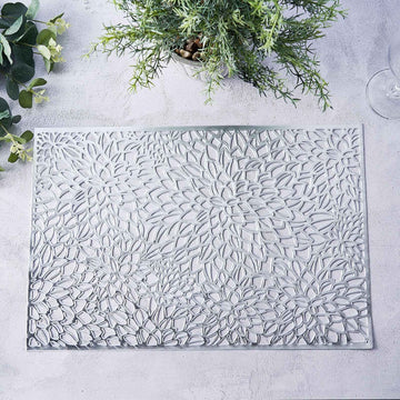 6 Pack Silver Metallic Floral Vinyl Placemats, Non-Slip Rectangle Dining Table Mats 12"x18"