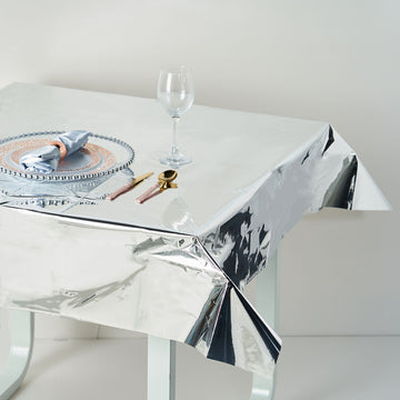 Silver Metallic Foil Square Tablecloth, Disposable Table Cover 50"x50"