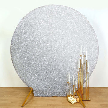 7.5ft Silver Metallic Shimmer Tinsel Spandex Party Photo Backdrop, 2-Sided Round Wedding Arch Cover
