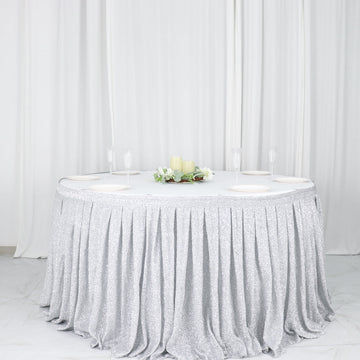 Add a Touch of Elegance with the Silver Metallic Shimmer Tinsel Spandex Pleated Table Skirt