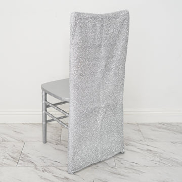 Add a Touch of Elegance with the Silver Metallic Shimmer Tinsel Spandex Stretch Chair Slipcover