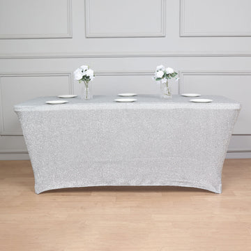 Add a Touch of Glamour with the Silver Metallic Shimmer Tinsel Spandex Table Cover
