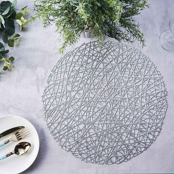 6 Pack | 15" Silver Metallic Woven Vinyl Placemats, Non-Slip Round Table Mats