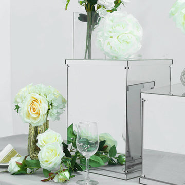 Set of 5 | Silver Mirror Finish Acrylic Pedestal Risers, Display Boxes with Interchangeable Lid and Base - 12",16",24",32",40"