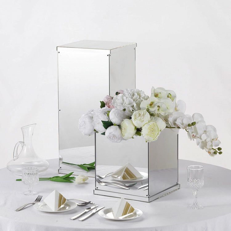 Silver Mirror Acrylic Pedestal Display Risers 12 Inch With Interchangeable Lid & Base