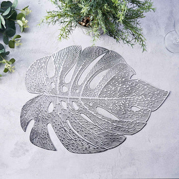 6 Pack | 18" Silver Monstera Leaf Vinyl Placemats, Non-Slip Dining Table Mats