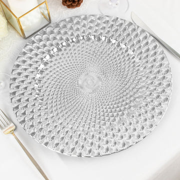6 Pack | 13" Silver Peacock Pattern Plastic Serving Plates, Round Disposable Charger Plates
