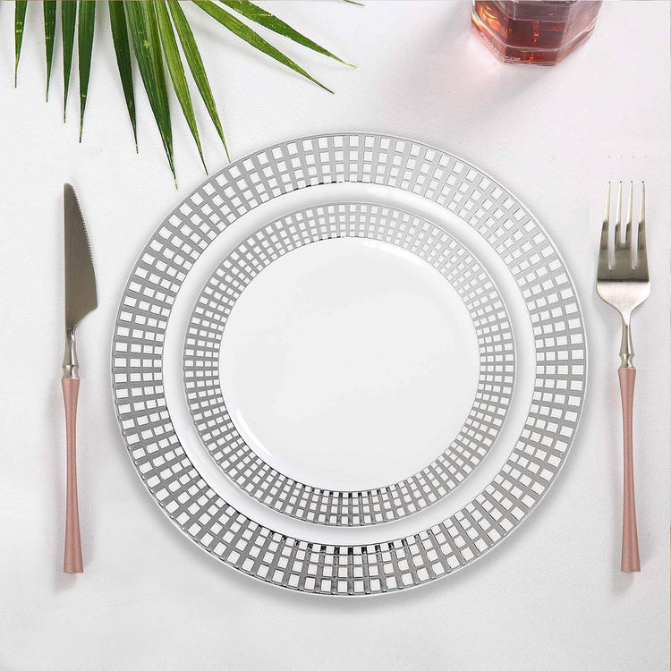 9inch Plaid Rim White Plastic Disposable Dinner Plates - Round With Silver Hot Stamped Checkered Rim