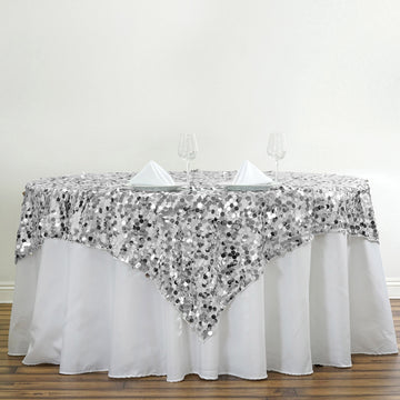 Silver Premium Big Payette Sequin Square Table Overlay 72"x72"