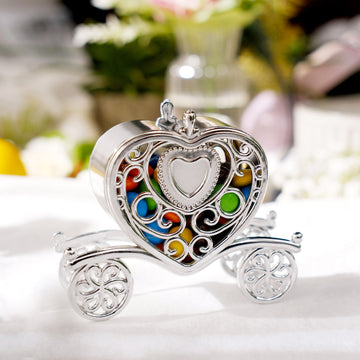 12 Pack | 4" Silver Princess Heart Carriage Candy Container Gift Boxes, Treats Party Favor Boxes