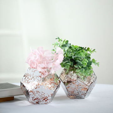 2 Pack 5" Silver Rose Gold Pentagon Geometric Mercury Glass Vases, Candle Holder Centerpieces