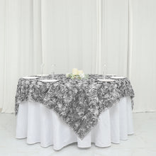 Silver 3D Satin Rosette Table Overlay 72 Inch x 72 Inch
