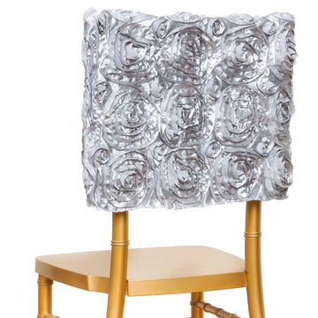 Silver Satin Rosette Chiavari Chair Caps, Chair Back Covers 16"