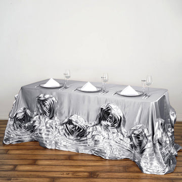 90"x132" Silver Seamless Large Rosette Rectangular Lamour Satin Tablecloth
