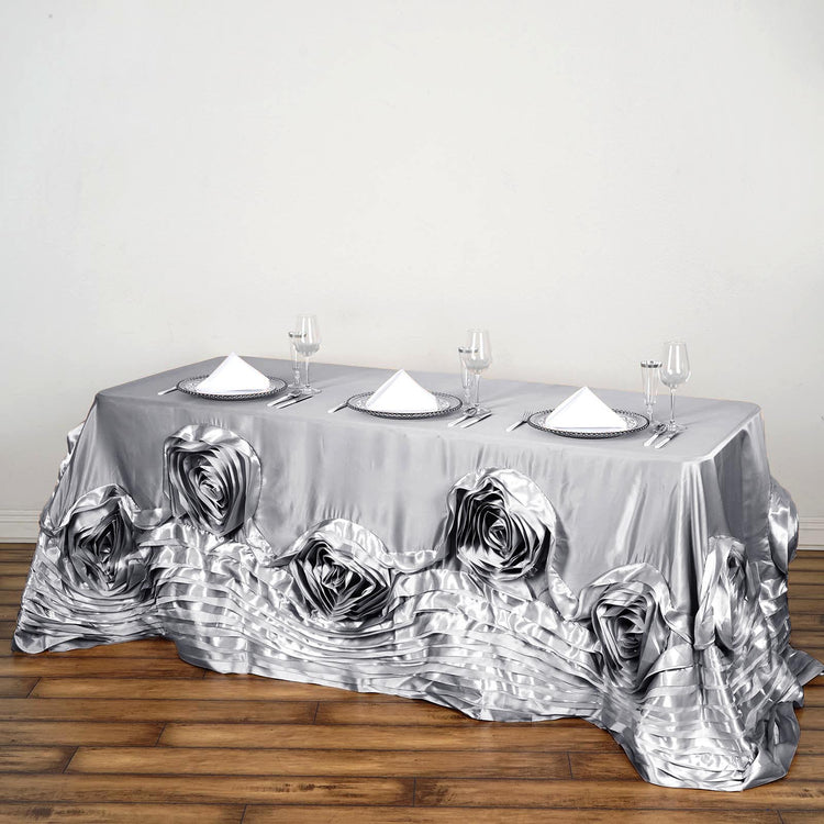 90 Inch x 132 Inch Silver Large Rosette Lamour Satin Rectangular Tablecloth