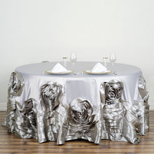 120 Inch Silver Large Rosette Lamour Satin Round Tablecloth
