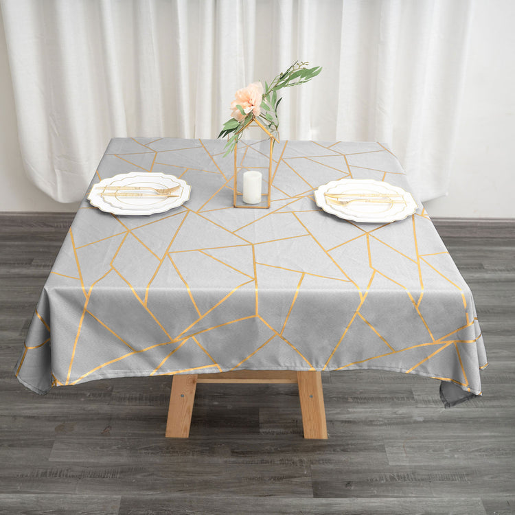 Silver Polyester Tablecloth 54 Inch x 54 Inch Square With Gold Foil Geometric Pattern