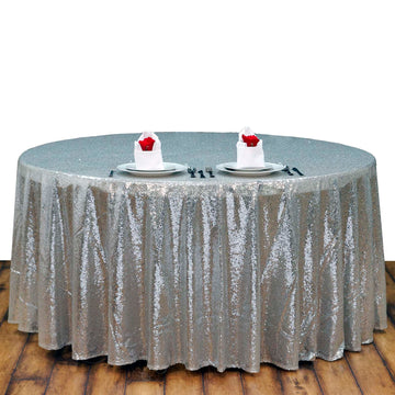 108" Silver Seamless Premium Sequin Round Tablecloth