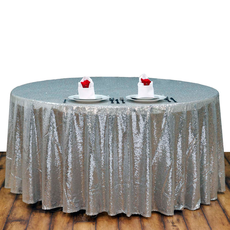 108 imches Silver Premium Sequin Round Tablecloth