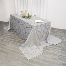 Silver Polyester Rectangle Tablecloth with Gold Foil Geometric Pattern 90 Inch x 156 Inch 