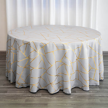 Silver Seamless Round Polyester Tablecloth With Gold Foil Geometric Pattern 120