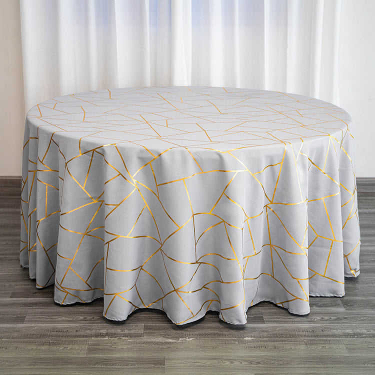 Polyester 120 Inch Round Silver Tablecloth With Gold Foil Geometric Pattern