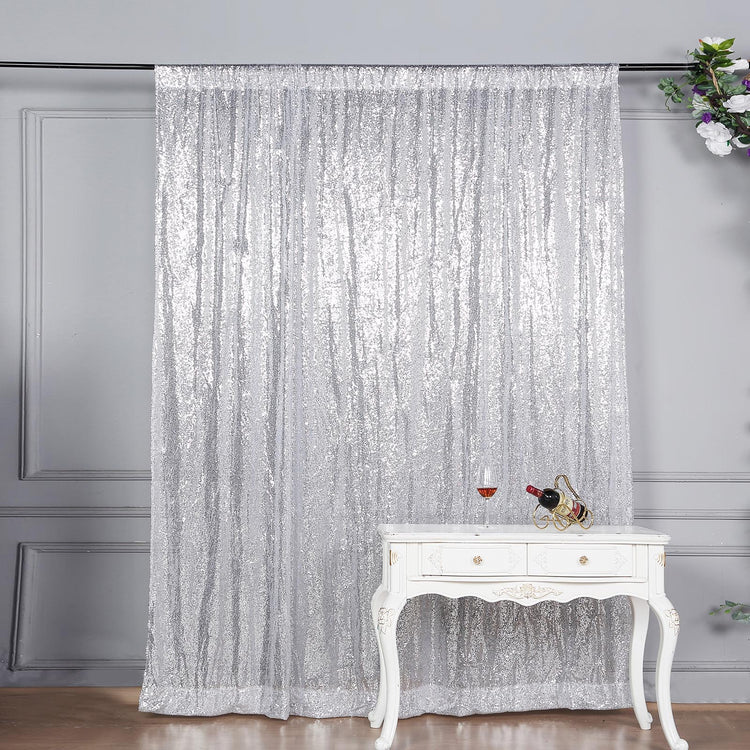 8ftx8ft Silver Sequin Photo Backdrop Curtain Panel, Event Background Drape