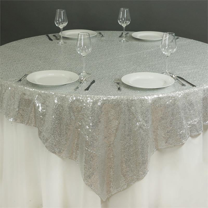 Silver Sequin Square Table Overlay 72 Inch x 72 Inch